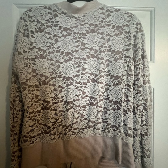 Taupe and cream zip up lace cardigan - Picture 3 of 5